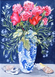 Roses, Carnations and Lobelia in a Blue and White Vase, 3 Shells Textiles 2011